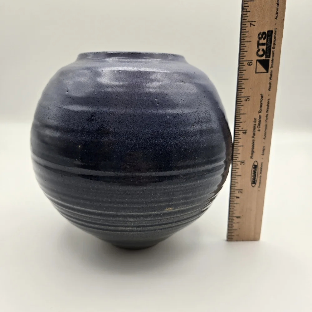Blue Handmade Hand Thrown Ribbed Carved Rounded Pottery Vase Glazed Signed